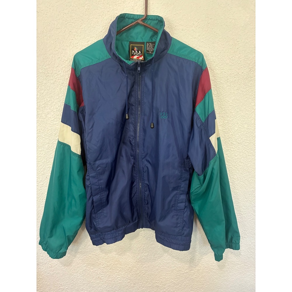 Vintage USA Olympic JCPenney Windbreaker Jacket Navy Teal Colorblock Mens Large